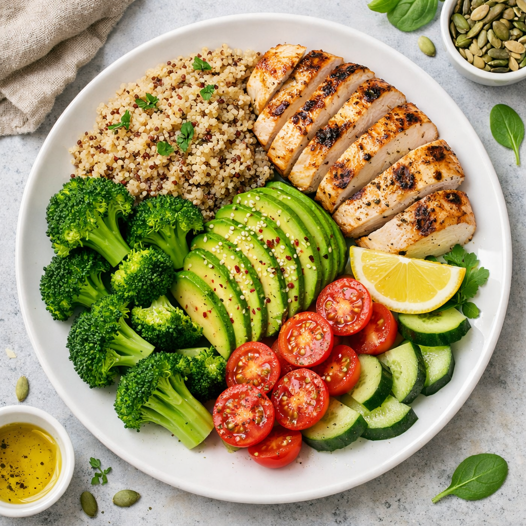 Grilled chicken breast slices with quinoa, broccoli, avocado, cherry tomatoes, cucumber, and lemon wedge on a white plate