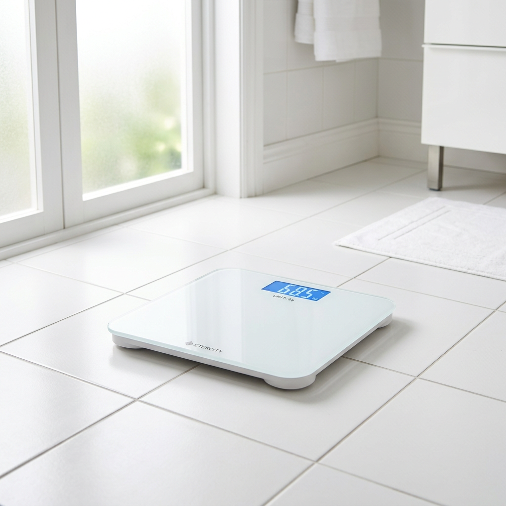 White digital bathroom scale on tiled floor displaying 68.5 kg