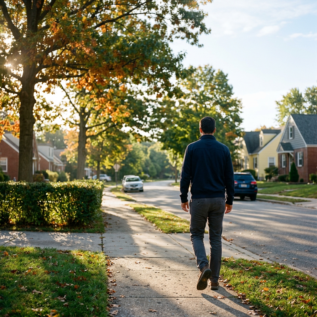 Man walking on sidewalk in suburban neighborhood with autumn foliage.