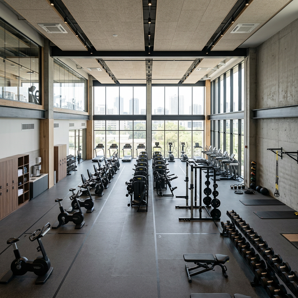 Spacious gym with exercise bikes, treadmills, weight racks, and large windows showing urban skyline