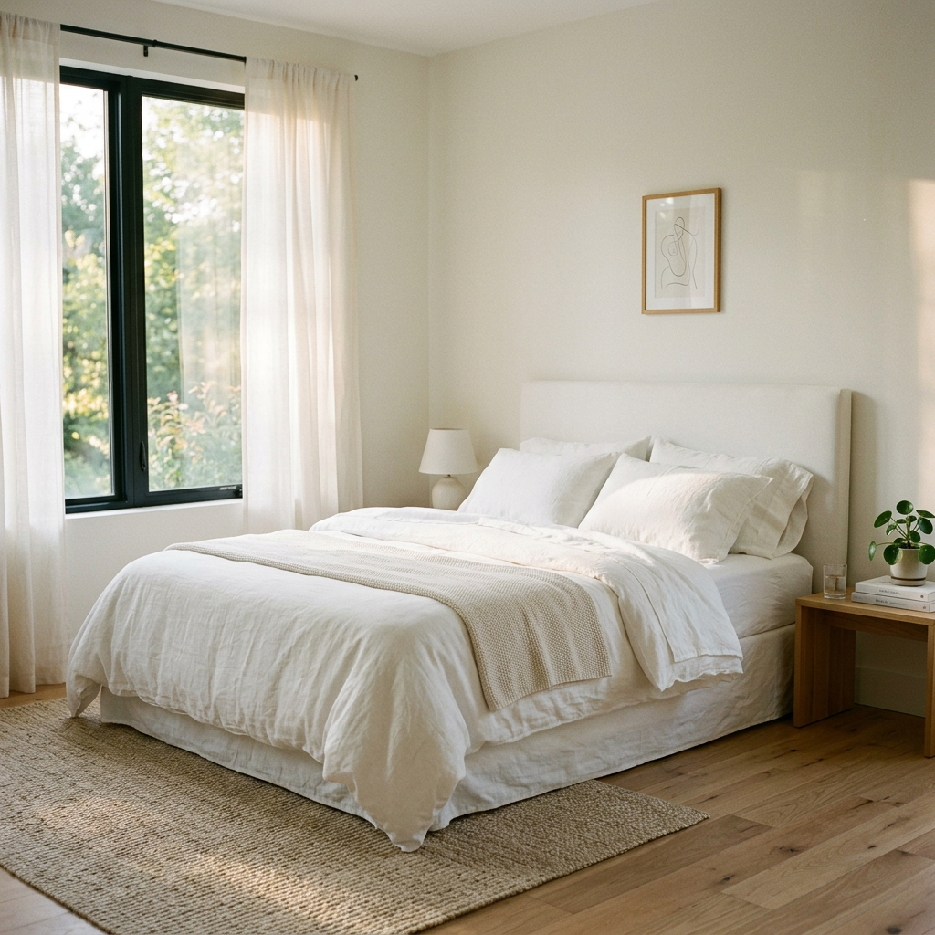 Bedroom with white bed linens, beige rug, wooden floor, and soft curtains illuminated by natural light