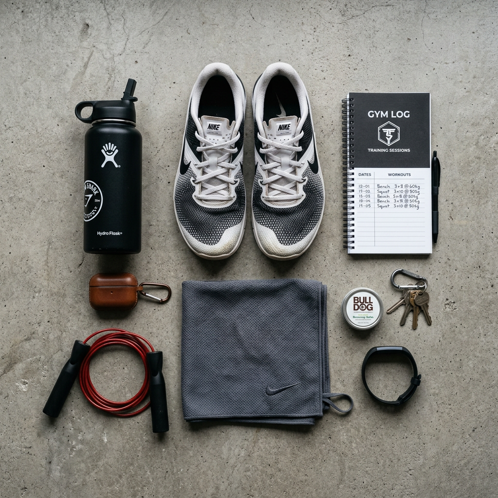 Nike shoes, workout log, water bottle, towel, jump rope, keys, fitness tracker, and grooming balm on concrete