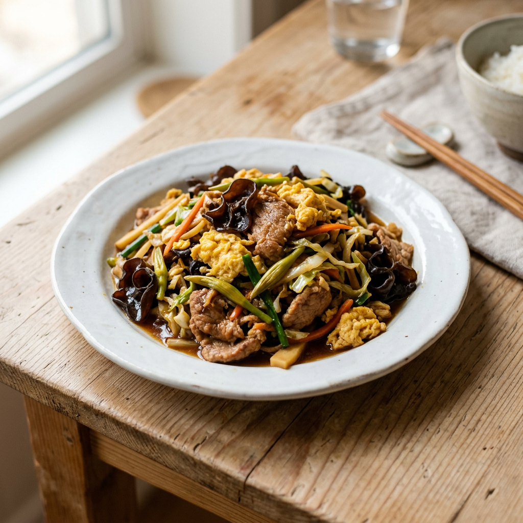 Stir-fried dish with scrambled eggs, pork, wood ear mushrooms, carrots, cabbage, and green onions on a white plate